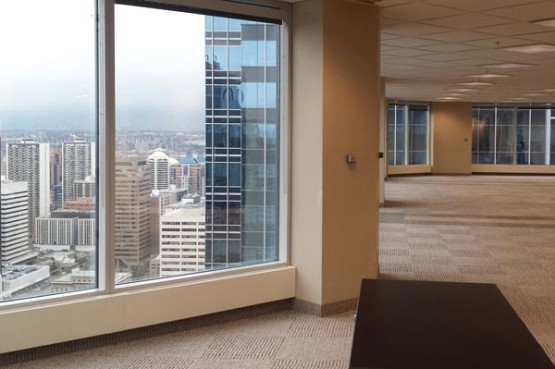 Modern Office interior with the city view over the window with check pattern floor carpet