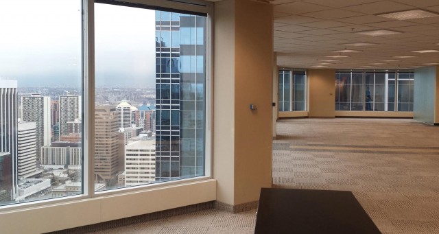 Modern Office interior with the city view over the window with check pattern floor carpet